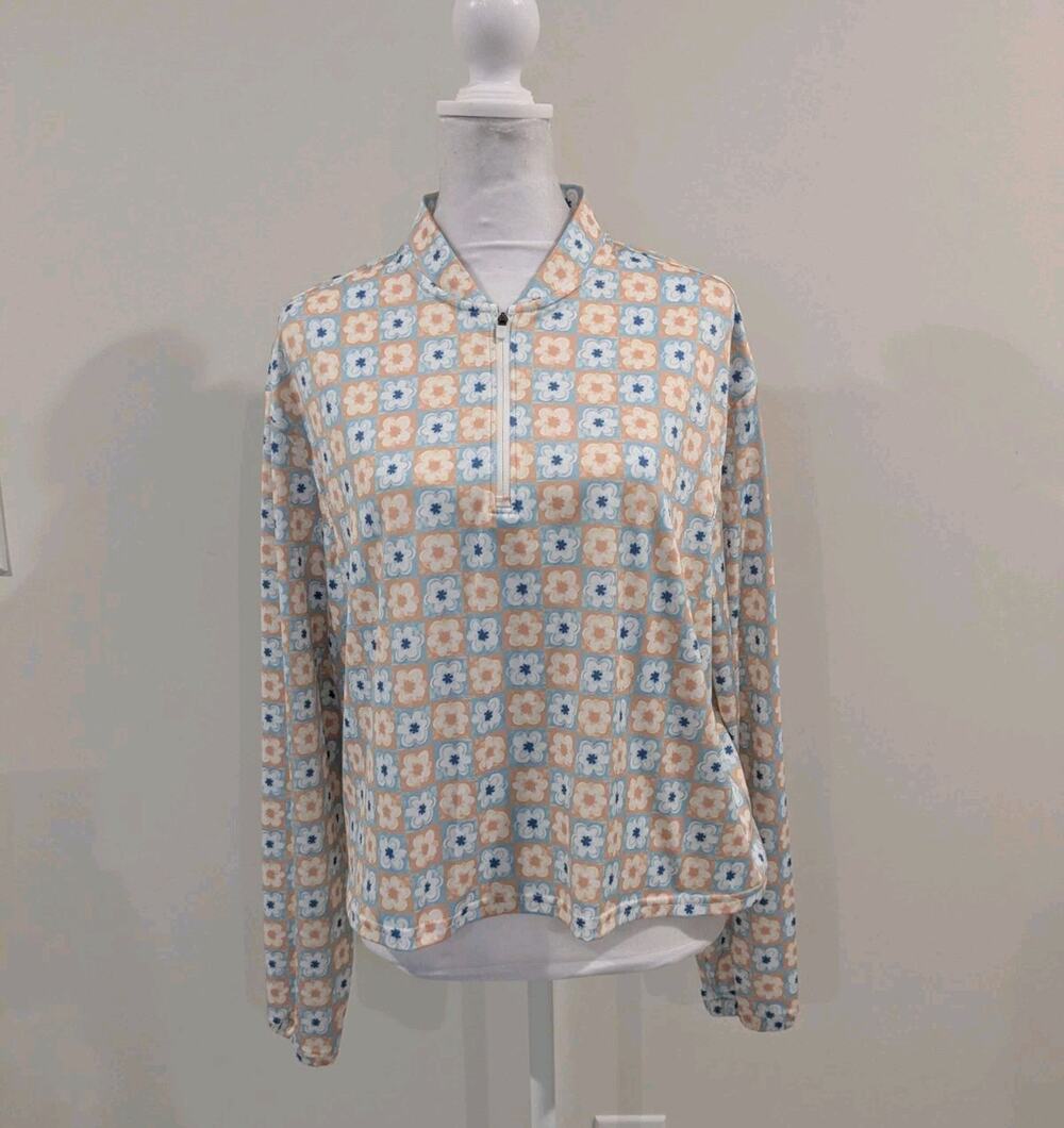 Bad Birdie Women's L Golf Long Sleeve 1/4 Zip Athleisure Floral Blue Orange